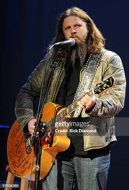 Singer/Songwriter Jamey Johnson performs at the Universal Music Group Nashville luncheon as part of the 2010 Country Radio Seminar at the Historic...