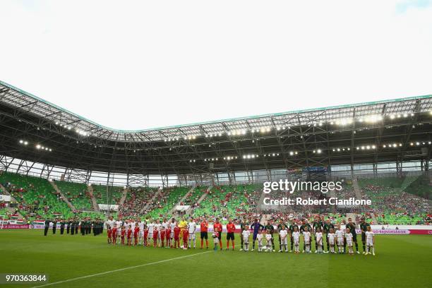 The teams line up during the International Friendly match between Hungary and Australia at Groupama Arena on June 9, 2018 in Budapest, Hungary.