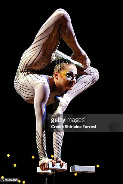 Irina Naumenko performs onstage during photocall for Cirque du Soleil's 'Varekai' at The White Grand Chapiteau at The Trafford Centre on February 24,...