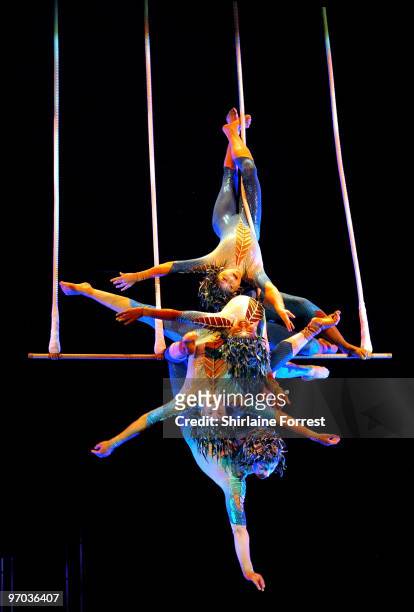 Helen Ball, Marie-Christine Fournier, Michele Ramos and Stella Umeh perform onstage during photocall for Cirque du Soleil's 'Varekai' at The White...