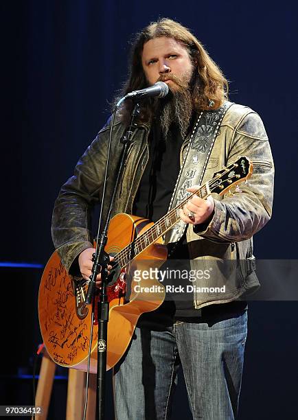 Singer/Songwriter Jamey Johnson performs at the Universal Music Group Nashville luncheon as part of the 2010 Country Radio Seminar at the Historic...
