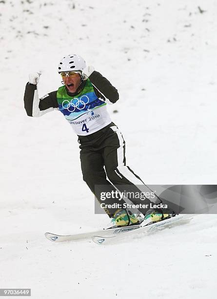 Lydia Lassila of Australia celebrates on the way to winning the gold medal during the freestyle skiing ladies' aerials final on day 13 of the...