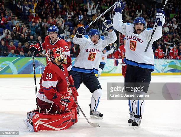 Niklas Hagman and Tuomo Ruutu of Finland celebrate after Hagman scored a goal in the third period against goalie Tomas Vokoun of Czech Republic...