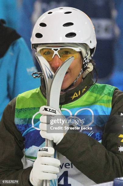 Lydia Lassila of Australia recacts after her jump during the freestyle skiing ladies' aerials final on day 13 of the Vancouver 2010 Winter Olympics...