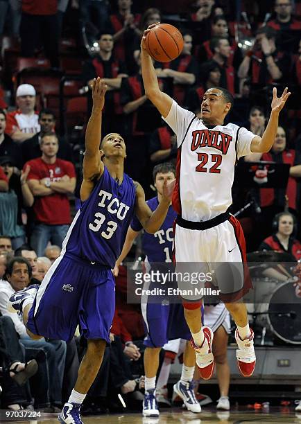 Chace Stanback of the UNLV Rebels steals the ball from Garlon Green of the Texas Christian University Horned Frogs during their game at the Thomas &...