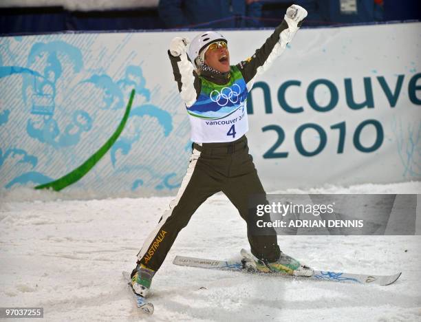 Australia's gold medalist Lydia Lassila reacts during the Freestyle Skiing women's aerial finals at Cypress Mountain, north of Vancouver during the...