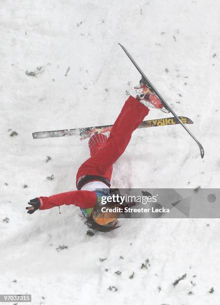 Xu Mengtao of China falls on landing during the freestyle skiing ladies' aerials final on day 13 of the Vancouver 2010 Winter Olympics at Cypress...