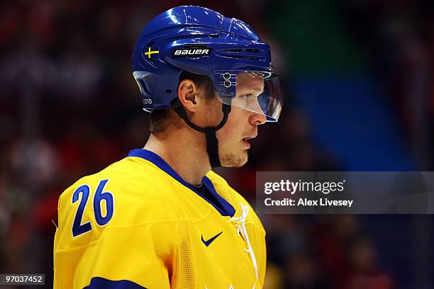 Samuel Pahlsson of Sweden looks on during the ice hockey men's quarter final game between Sweden and Slovakia on day 13 of the Vancouver 2010 Winter...