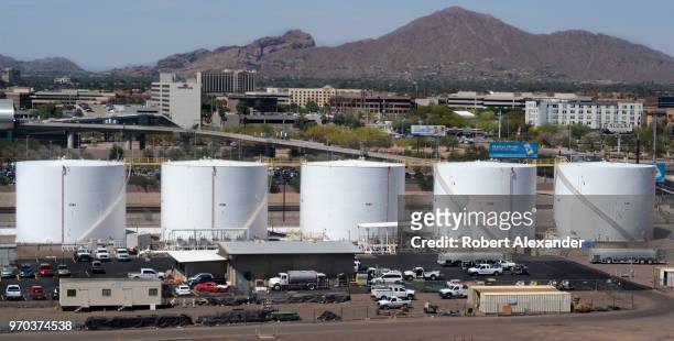Aviation fuel tanks owned by Swissport Fueling Inc. Are located adjacent to the runways at Phoenix Sky Harbor International Airport in Phoenix,...