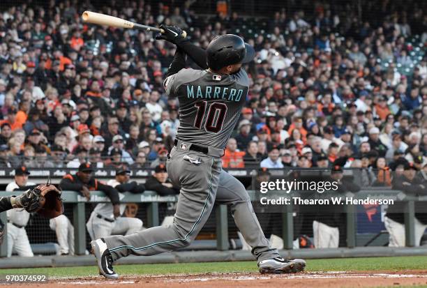 Deven Marrero of the Arizona Diamondbacks bats against the San Francisco Giants in the top of the second inning at AT&T Park on June 5, 2018 in San...