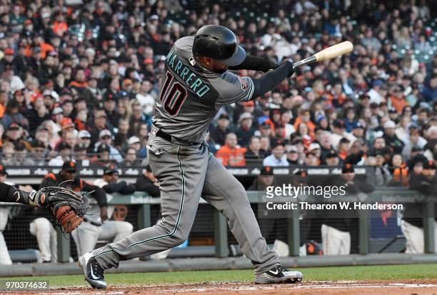 Deven Marrero of the Arizona Diamondbacks bats against the San Francisco Giants in the top of the second inning at AT&T Park on June 5, 2018 in San...