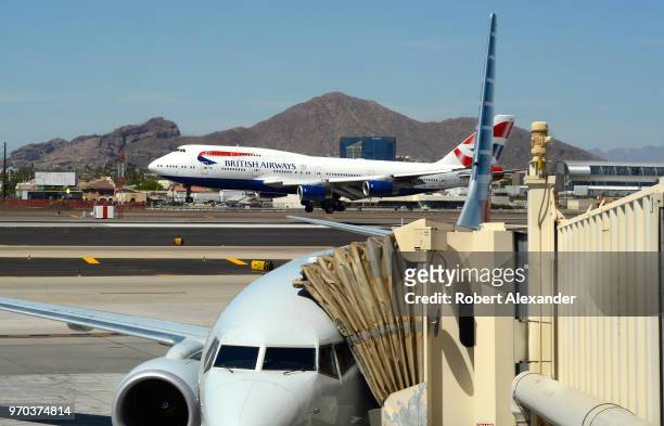 British Airways Boeing 747 'Jumbo Jet' lands at Phoenix Sky Harbor International Airport in Phoenix, Arizona.