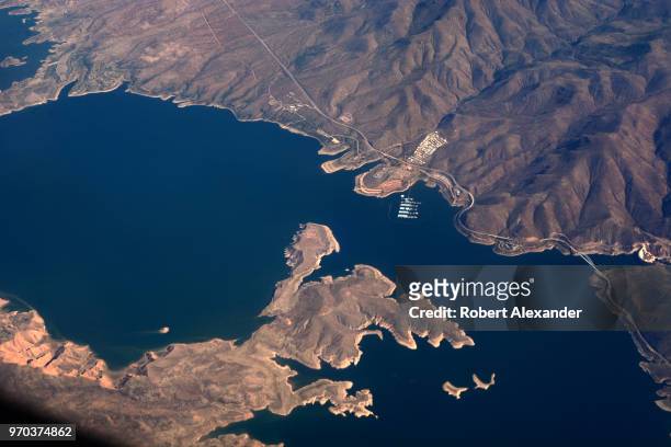 An aerial view of the Theodore Roosevelt Lake northeast of Phoenix in Arizona's Salt River Valley. The reservoir was formed by the Theodore Roosevelt...