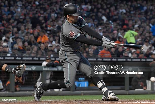 John Ryan Murphy of the Arizona Diamondbacks bats against the San Francisco Giants in the top of the fifth inning at AT&T Park on June 5, 2018 in San...