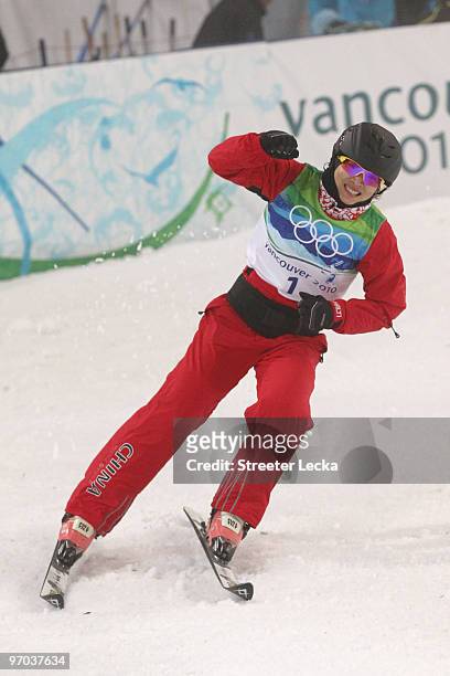 Li Nina of China celebrates during the freestyle skiing ladies' aerials final on day 13 of the Vancouver 2010 Winter Olympics at Cypress Mountain...