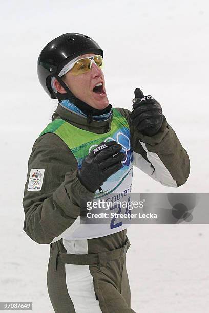 Jacqui Cooper of Australia celebrates after landing a jump during the freestyle skiing ladies' aerials final on day 13 of the Vancouver 2010 Winter...