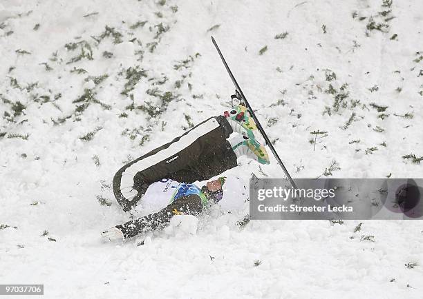 Elizabeth Gardner of Australia crashes during the freestyle skiing ladies' aerials final on day 13 of the Vancouver 2010 Winter Olympics at Cypress...