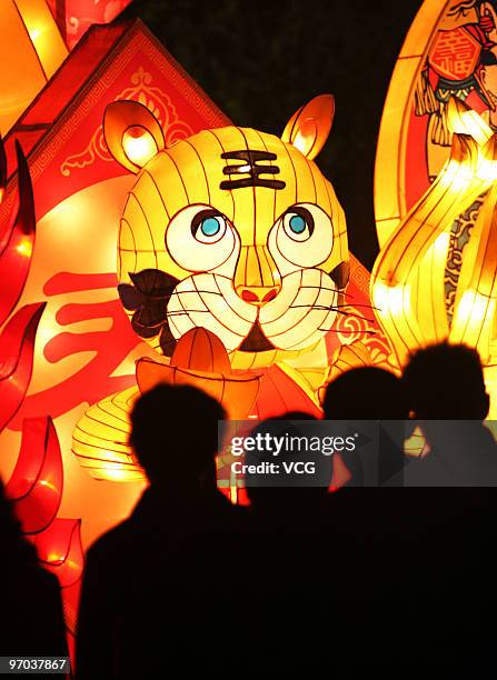 People watch the lantern decorations for the Lantern Festival on February 24, 2010 in Fuzhou, Fujian Province of China. The lantern festival marks...