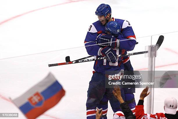 Marian Gaborik of Slovakia celebrates with Zdenko Chara after scoring a second period goal during the ice hockey men's quarter final game between...