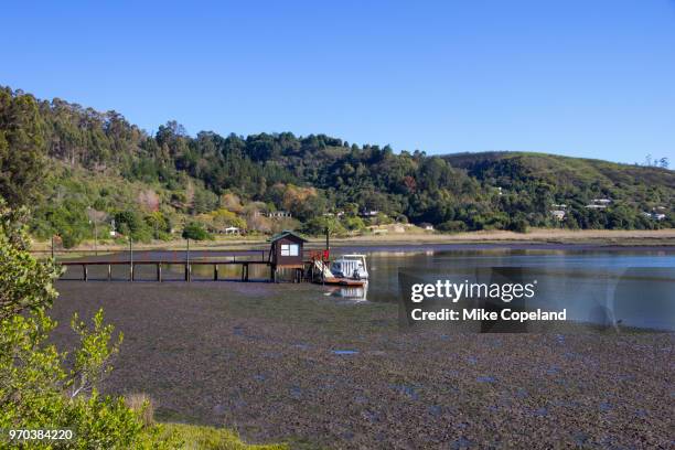 a boat tied up at a long jetty and dock with a boathouse in the muddy prawn flat shallows of the knysna lagoon, with houses and mountains of the garden route in the background. - tidal marsh stock pictures, royalty-free photos & images