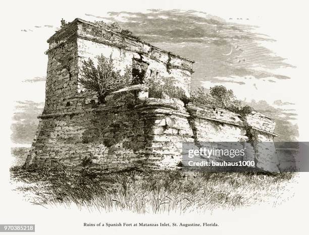 ruins of a spanish fort at matanzas inlet, st. augustine, florida, united states, american victorian engraving, 1872 - citadel v florida stock illustrations