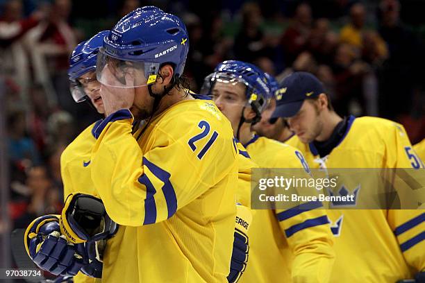 Peter Forsberg of Sweden reacts after they lost the ice hockey men's quarter final game between Sweden and Slovakia on day 13 of the Vancouver 2010...