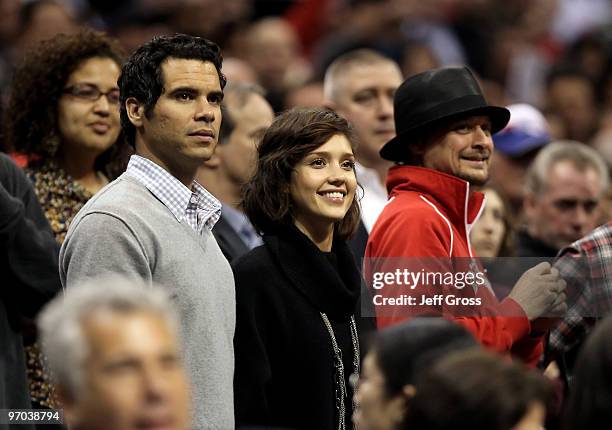 Cash Warren, Jessica Alba and Kid Rock are seen at a basketball game between the Detroit Pistons and the Los Angeles Clippers at Staples Center on...