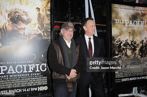 Executive producers Steven Spielberg and Tom Hanks arrive at HBO's premiere of "The Pacific" held at Grauman's Chinese Theatre on February 24, 2010...