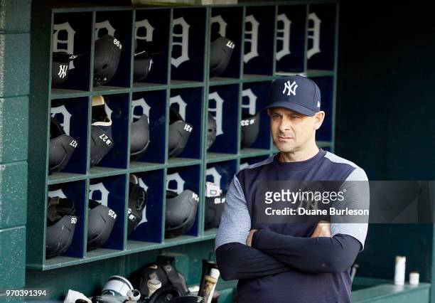Manager Aaron Boone of the New York Yankees looks on before game two of a doubleheader against the Detroit Tigers at Comerica Park on June 4, 2018 in...