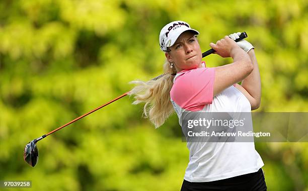 Brittany Lincicome of the USA hits her tee-shot on the sixth hole during the first round of the HSBC Women's Champions at the Tanah Merah Country...