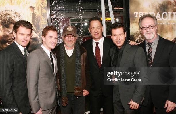 Actors James Badge Dale, Joe Mazzello, executive producers Steven Spielberg, Tom Hanks, actor Jon Seda and executive producer Gary Goetzman arrive to...