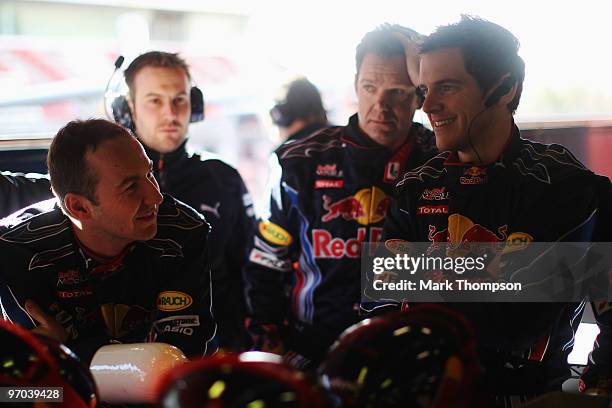 Red Bull Racing mechanics at work during a filming day prior to Formula One winter testing at the Circuit De Catalunya on February 24, 2010 in...