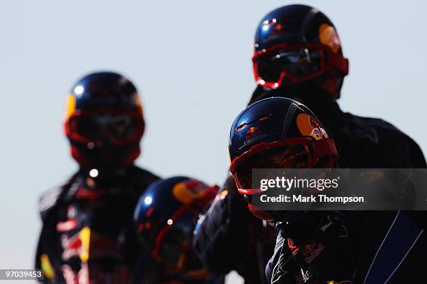 Red Bull Racing mechanics at work during a filming day prior to Formula One winter testing at the Circuit De Catalunya on February 24, 2010 in...