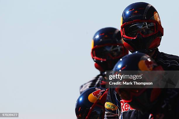 Red Bull Racing mechanics at work during a filming day prior to Formula One winter testing at the Circuit De Catalunya on February 24, 2010 in...