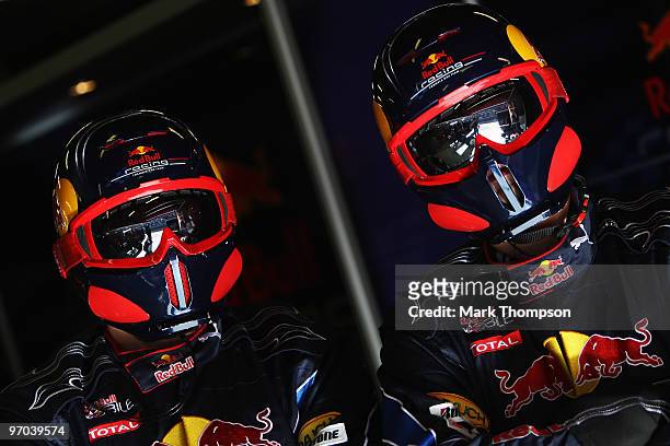 Red Bull Racing mechanics at work during a filming day prior to Formula One winter testing at the Circuit De Catalunya on February 24, 2010 in...