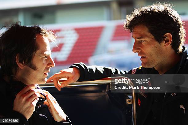 Mark Webber of Australia and Red Bull Racing is seen talking with his Race Engineer Ciaron Pilbeam during a filming day prior to Formula One winter...