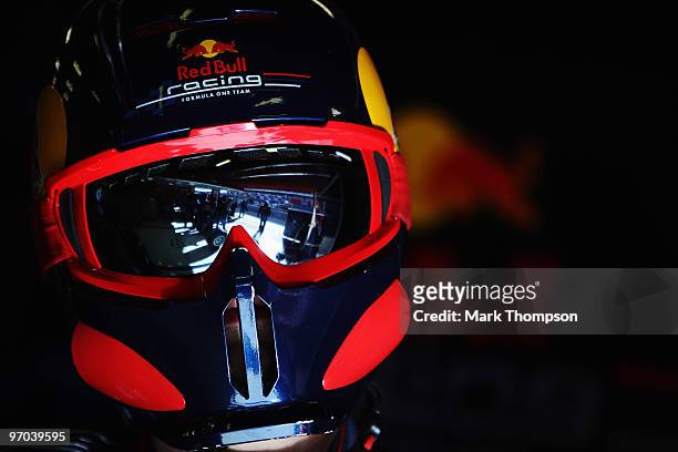 Red Bull Racing mechanic is seen at work during a filming day prior to Formula One winter testing at the Circuit De Catalunya on February 24, 2010 in...