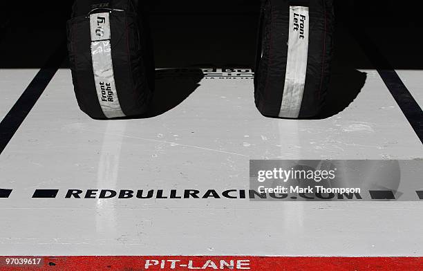 Detail of tyres in the Red Bull Racing garage during a filming day prior to Formula One winter testing at the Circuit De Catalunya on February 24,...