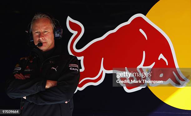 Red Bull Race Team Manager Jonathan Wheatley is seen during a filming day prior to Formula One winter testing at the Circuit De Catalunya on February...