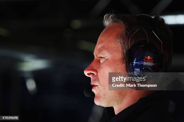 Red Bull Race Team Manager Jonathan Wheatley is seen during a filming day prior to Formula One winter testing at the Circuit De Catalunya on February...