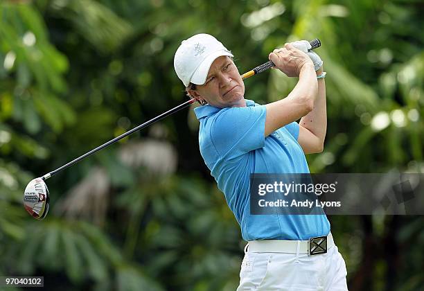 Catriona Matthew of Scotland hits her tee shot on the 7th hole during the first round of the HSBC Women's Champions at Tanah Merah Country Club on...