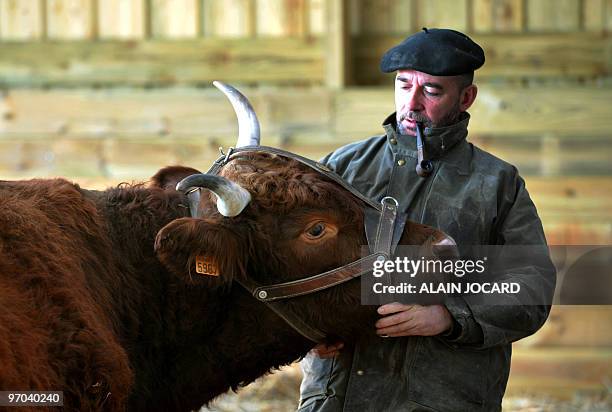 Jean-Paul Réveille, heureux propriétaire d'Aïda, star du salon de l'agriculture". French breeder Jean-Paul Reveille poses on February 16, 2010 in...