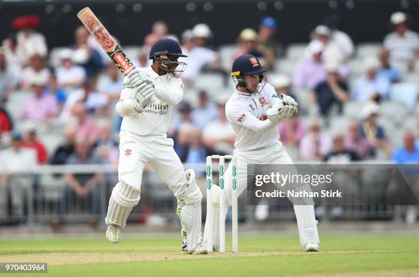 Shivnarine Chanderpaul batting during the Specsavers Championship Division One match between Lancashire and Essex at Old Trafford on June 9, 2018 in...