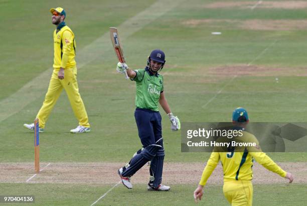 Max Holden of Middlesex celebrates his half century during the One Day Tour match between Middlesex and Australia at Lord's Cricket Ground on June 9,...
