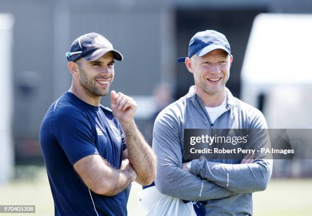 Scotland captain Kyle Coetzer and former Scottish rugby player Duncan Hodge during a nets session at The Grange, Edinburgh.