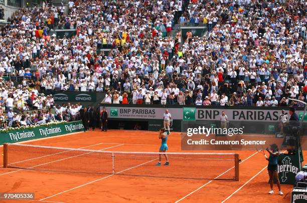 General view as Simona Halep of Romania celebrates victory following the ladies singles final against Sloane Stephens of The United States during day...