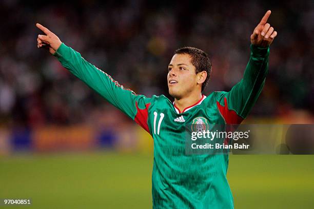 Javier Hernandez of Mexico celebrates after scoring against Bolivia in the first half of a friendly match in preparation for the 2010 FIFA World Cup...