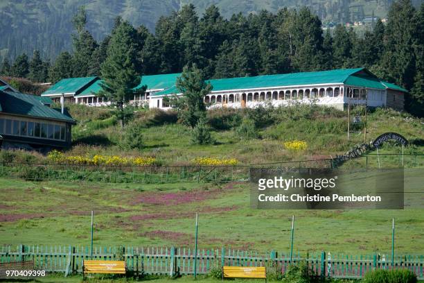 nedous hotel, gulmarg, kashmir, india, with flower-filled meadow in front and pine forest behind. - baramulla district stock pictures, royalty-free photos & images