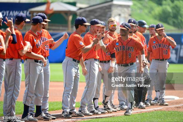 Henry Sanchez of of UT Tyler is introduced during the 2018 NCAA Photos via Getty Images Division III Baseball championship on May 29, 2018 in...