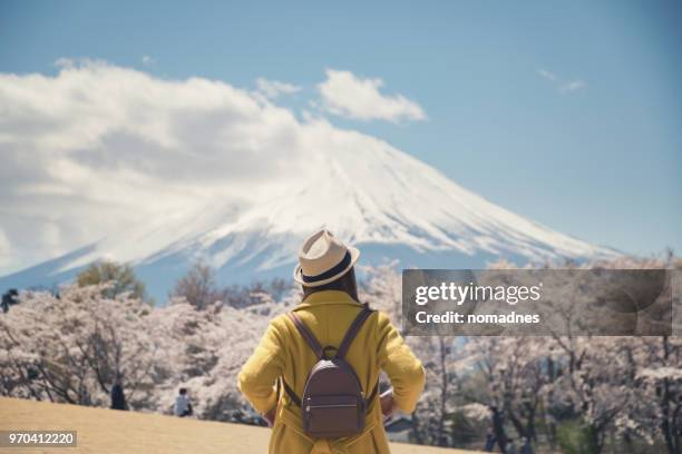 asian female tourist standing with cherry blossom tree and mt. fuji - japan bildbanksfoton och bilder